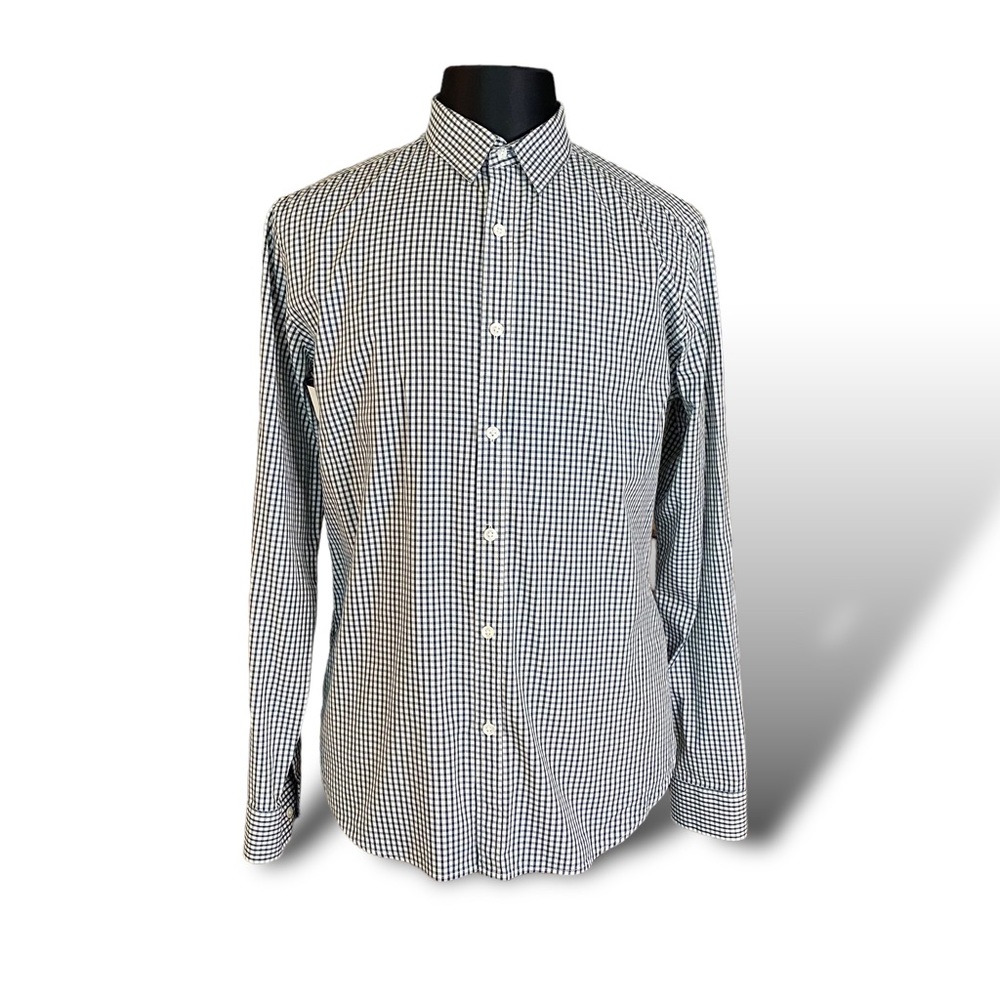 Theory men's button-down long sleeve collared Navy Blue & white plaid Shirt